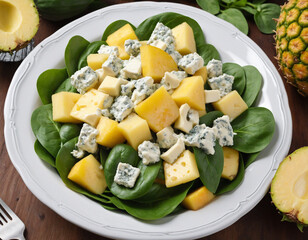 Wall Mural - Spinach salad with blue cheese and pineapple zoomed in