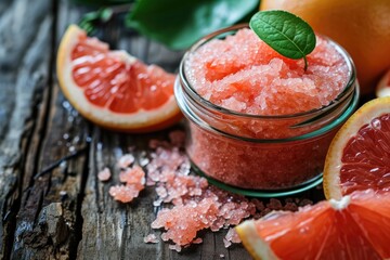 Wall Mural - Grapefruit and body scrub on wooden surface