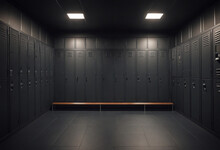 Modern Dark Locker Room In Gym. Luxury Loft Modern Fitness Club.