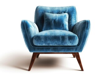 Poster - Art Deco style blue velvet armchair with wooden legs isolated on white background Front view grey shadow Furniture series