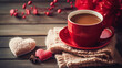 Valentine's Day Love Note and Coffee with Heart.,A heartwarming Valentine's Day coffee cup with a heart-shaped sprinkle and a handwritten love note on a wooden background.