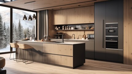 Wall Mural - Modern wooden kitchen with smart appliances