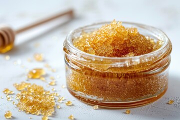 Wall Mural - Homemade lip scrub using brown sugar honey and olive oil on a white background