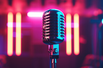 Studio microphone, podcast room in background, gradient neon lights, bokeh background, photorealistic