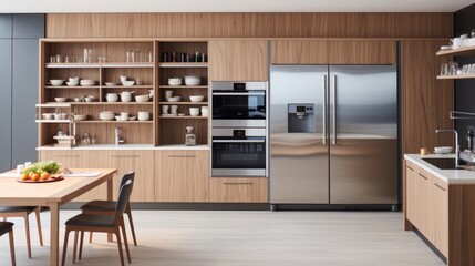 Wall Mural - Modern wooden kitchen with smart appliances