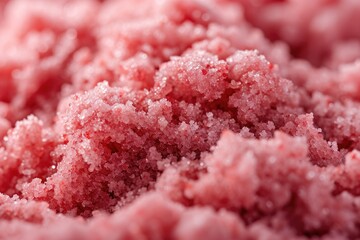 Macro photo of pink red sugar or salt body scrub with fruit extract a cosmetic product for skin care with copy space as background