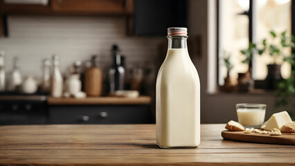 Mockup of a blank white milk bottle on kithen background, Empty reusable bottle template, Generative AI