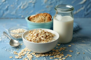 Canvas Print - Oatmeal in a white bowl with milk on a white blue background Nutritious morning breakfast Oat milk Vegan non dairy organic drink with flakes