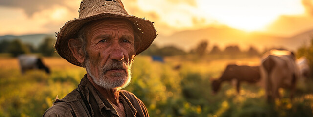 Wall Mural - male farmer on the background of cows