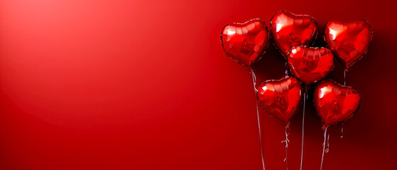 Red heart shaped balloons on a red background. Valentine's Day. Birthday card. Holidays background. Generative AI