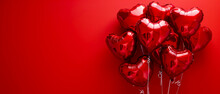 Red Heart Shaped Balloons On A Red Background. Valentine's Day. Birthday Card. Holidays Background. Generative AI
