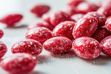 Poster - White background with red candies and icing Strawberry sweets with white chocolate Colored icing on round candies A pile of sugar coated almonds