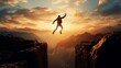 Man jumping over a precipice between two rocky mountains at sunset. Freedom, risk, challenge, success