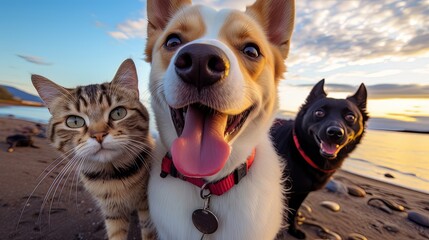 Wall Mural - best friends cats and dogs taking selfie shots at the beach