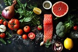 Fototapeta  - Assortiment d'aliments pour cuisiner, poisson et légumes frais sur un fond noir en ardoise