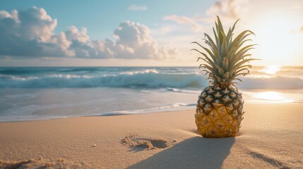 Sticker - A pineapple on a sandy beach with the ocean in the background.