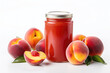 © Виктория Марьенко - Glass jar filled with homemade peach jam, ripe fruits on a white background