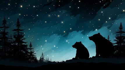 painted dark silhouettes of two bears against the starry sky with an empty space for the text