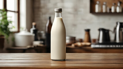 Wall Mural - Milk bottle mockup on retro kitchen background, reusable bottle template, generative AI