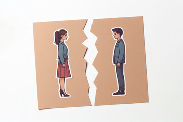 Wall Mural - divorce man and woman separated on a piece of paper on a white background. ai generative