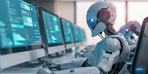 A robot with artificial intelligence works at a computer in the office. IT Team, Help Center