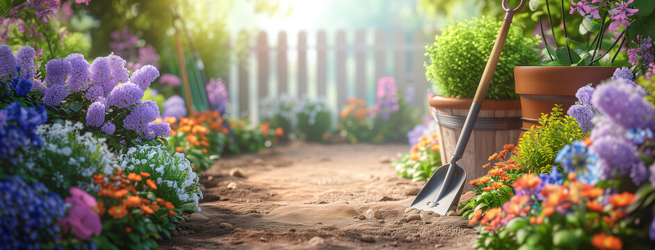 Gardening background with flowerpots in sunny spring or summer garden