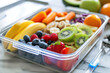 Healthy kids lunch box containing grapes, strawberries, carrot sticks, lettuce and avocado