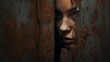 Young woman exasperated gaze from small hole in wall, filled with fear and despair in her eyes, evoking heart wrenching concept of female abduction for sex trafficking or organ harvesting