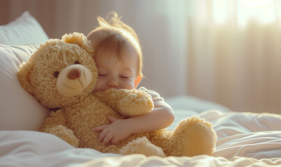 Wall Mural - A small child lies on the bed, smiles and hugs a teddy bear. The sun illuminates the room.