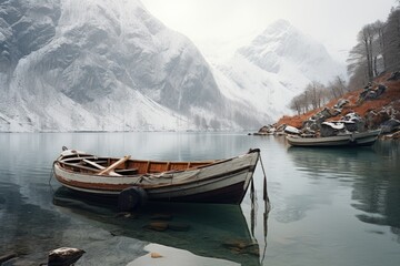 Wall Mural - Boats in a scenic lake and snowy mountains. Generate AI image