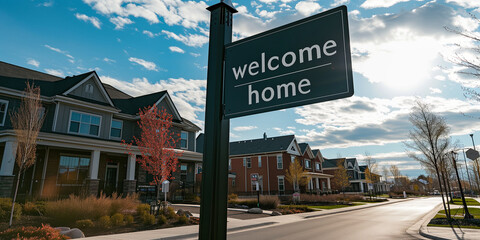 Poster - sign welcome home and new houses on the background