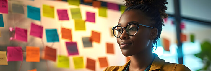 African woman leading team, utilizing sticky notes for business presentation and teamwork collaboration during brainstorming and strategy sessions.