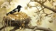 A magpie sits in a nest adorned with shiny gold jewelry and trinkets amidst the branches of a tree, evoking the bird's reputation for collecting treasures.