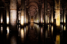 ISTANBUL, TURKEY - JANUARY 9, 2024: Basilica Cistern Of Istanbul, The Largest Ancient Cistern Of The City After A Long Term Restoration Work Illuminated By Italian Architect
