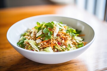 farro salad in a white bowl with feta cheese crumbles