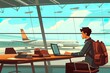 Man with a laptop in airport, travel IT relocation illustration cartoon