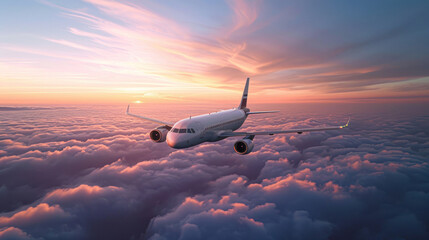 Poster - Airplane Flying Above Clouds at Sunset.A commercial airplane in flight above a sea of clouds, with the warm glow of the sunset illuminating the sky.