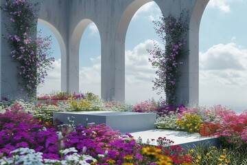 Wall Mural - Abstact 3d render spring scene and Natural podium background, White stone podium on the colorful flowers and grass field backdrop three arch doors for product display advertising. generative ai.