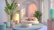 a modern living room with neutral color tones and a green plant, in the style of pastel gothic, matte background, arched doorways, soft pastel tones, texture-based, light brown and cyan