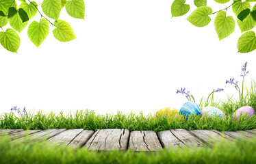 Wall Mural - A line of painted easter eggs in the grass celebrating a Happy Easter with a wooden bench to place products on with green grass and tree leaves on a transparent background