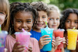 Diverse group of children holding slushie drinks