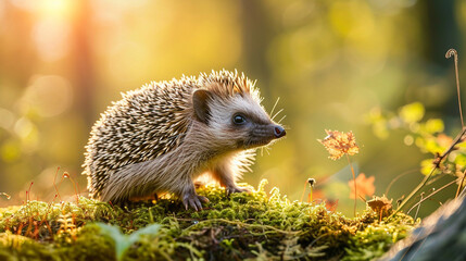 a beautiful hedgehog on a forest glade, rays of the sun