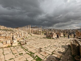 ancient Roman structures in Jerash city,Gerasa, Jordan, hippodrom, amphiteatre,theatres and columns of the ancient Roman civilization made out of sand and marble stone