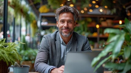 businessman working on laptop in cafe