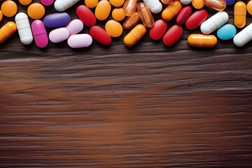 Colorful Pills and Tablets on dark brown table, placed on the top of the picture