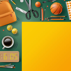 Wall Mural - School stationery, yellow backpack, basketball ball flat lay on a green background, yellow blank paper for message. Back to school concept, creative layout. Top view, overhead, vector illustration