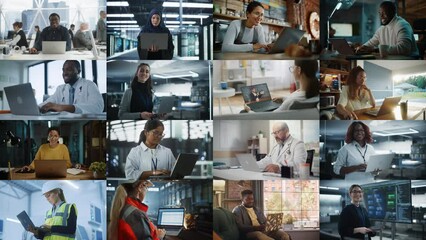 Leinwandbilder - Split Screen Collage of Diverse Group of People Working on Laptops. Multiethnic Professionals, Entrepreneurs, Workers Using Computers, Learning, Creating. Multi Screen Productive Connectivity