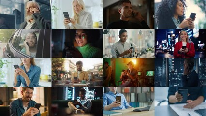 Split Screen Collage of Diverse Group of People Using Smartphones. Multiethnic Professionals, Businesspeople, Workers Using Mobile Phones for Calls, Connectivity, Creators. Multi Screen Connection
