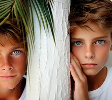 Portrait Of A Young Boy And Girl Hiding Behind A Palm Tree