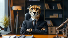 A Tiger In A Suit In The Office. Concept Director With Tiger Character